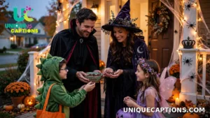 Married couple in Halloween costumes handing out candy at their front door