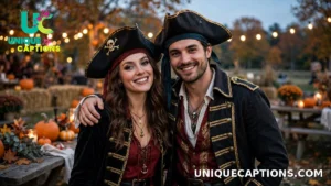 Couple in coordinated matching Halloween costumes posing together