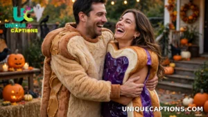 Couple in peanut butter and jelly Halloween costumes smiling together