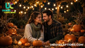 Romantic couple under string lights surrounded by pumpkins on Halloween night