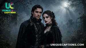 Couple in vampire Halloween costumes standing together in fog