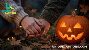 Close-up of a couple holding hands with a pumpkin on Halloween