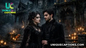 Couple in gothic Halloween costumes before a haunted house backdrop