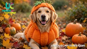 Halloween Captions for Dogs — a golden retriever in a pumpkin costume sitting in autumn leaves