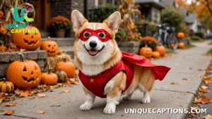 Corgi in a superhero costume standing on a sidewalk