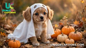 Small puppy wearing a tiny white ghost costume