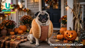 Pug in a hot-dog costume sitting on a decorated Halloween porch