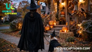 Owner and dog in matching witch outfits seen from behind at Halloween