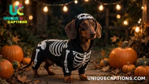 Dachshund in a skeleton costume standing under warm string lights