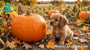 Tiny puppy sitting beside a large orange pumpkin
