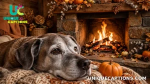 Grey-muzzled senior dog resting by a fireplace with a pumpkin nearby