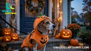 Dog on a leash waiting at a decorated front door at dusk