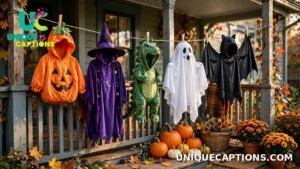 Colorful kids' costumes hanging ready on a line — Halloween Captions for Kids
