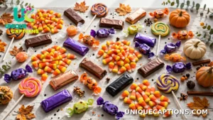 Colorful spread of Halloween candy across a table