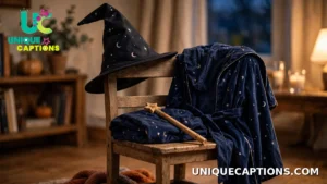 Child's wizard costume with a pointed hat and wand on a chair