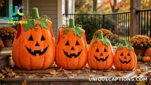 Matching family pumpkin costumes in different sizes arranged in a row on a porch