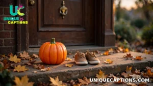 Small pumpkin candy bucket and tiny shoes by a front door