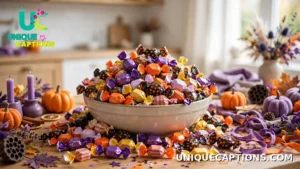 Overflowing bowl of wrapped Halloween candy on a kitchen table