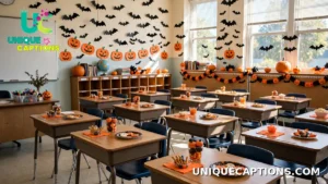 Classroom decorated with paper bats and pumpkins for a Halloween party