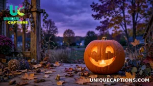 Single friendly jack-o'-lantern glowing on a porch at dusk