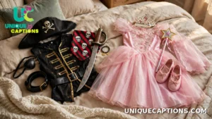 Two sibling costume sets, pirate and princess, laid side by side