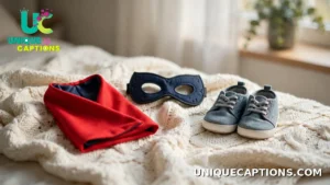 Tiny superhero cape and mask arranged on a soft blanket