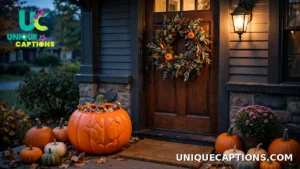 Orange candy bucket waiting by a decorated front door at dusk