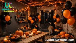 Halloween Party Captions cover photo — party room decorated with orange string lights and balloons