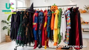 Rack of creative Halloween costumes in bold colors ready for a costume party