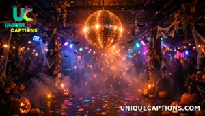 Orange-lit disco ball sparkling above a Halloween party dance floor