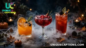 Festive Halloween drink glasses wreathed in dry-ice fog on a party table