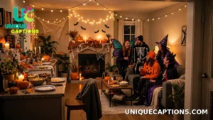 Costumed friends laughing together at a Halloween party, seen from a distance
