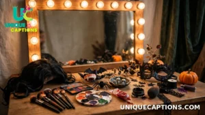 Makeup brushes, fake blood, and costume pieces arranged on a vanity before a Halloween party