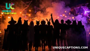 Large group of costumed friends posing as silhouettes against glowing party lights