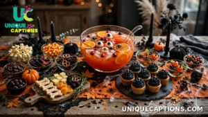 Halloween party table spread with spooky snacks and a punch bowl