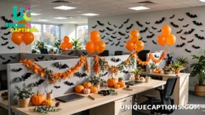 Office decorated with paper bats and small pumpkins on desks for a Halloween party