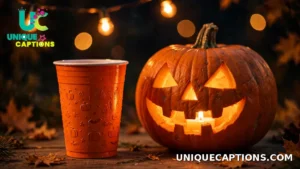 Single party cup beside a carved pumpkin glowing under warm string lights