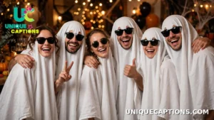 Friends in matching white ghost costumes posing together at a party