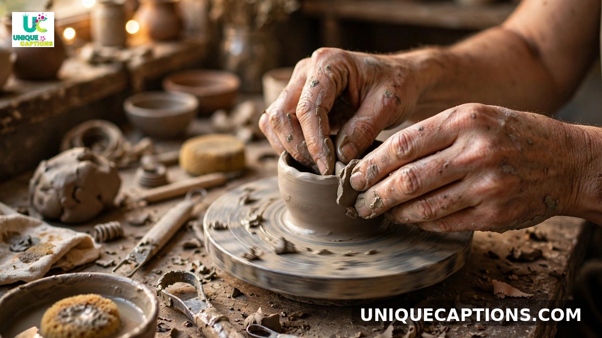 Handmade maker captions - artisan hands crafting pottery on a workbench in warm light