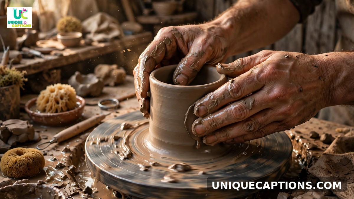 Handmade captions - artisan hands crafting a ceramic mug on a pottery wheel