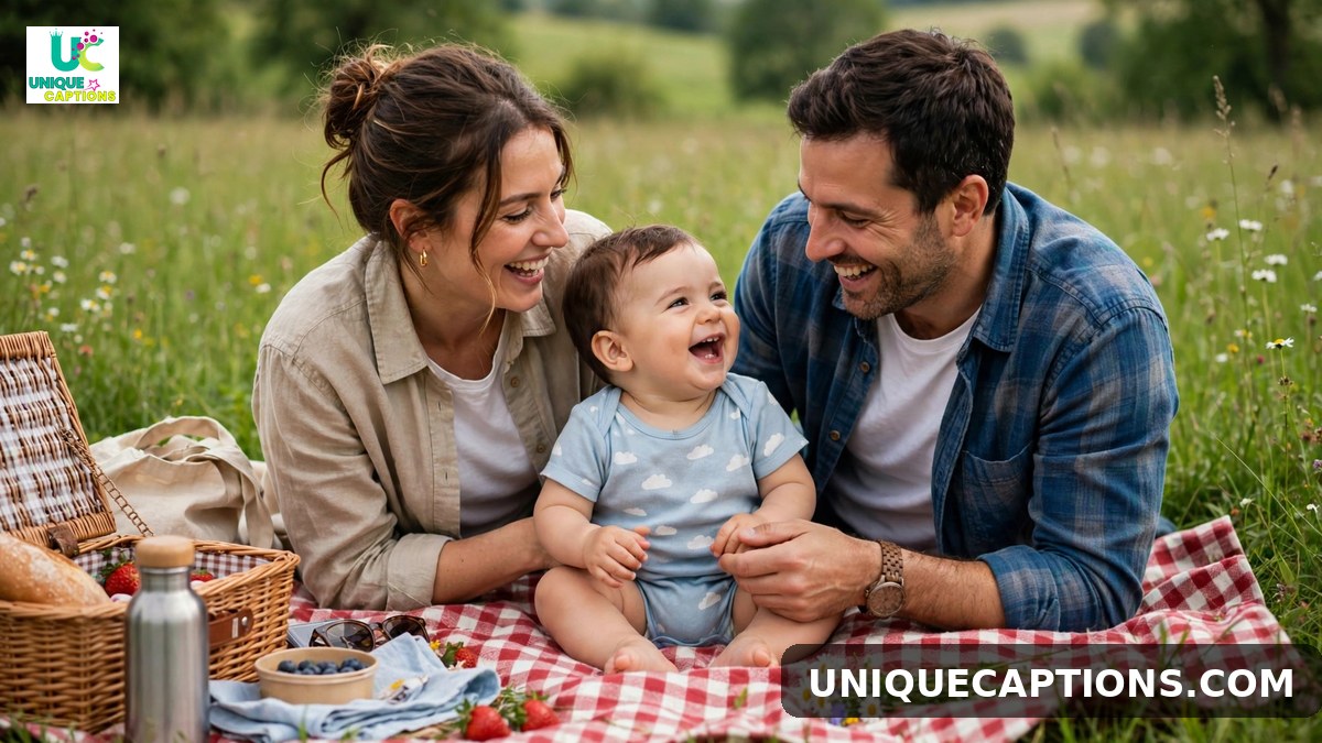 Happy family 11 month milestone caption photo of a picnic in a green meadow with baby