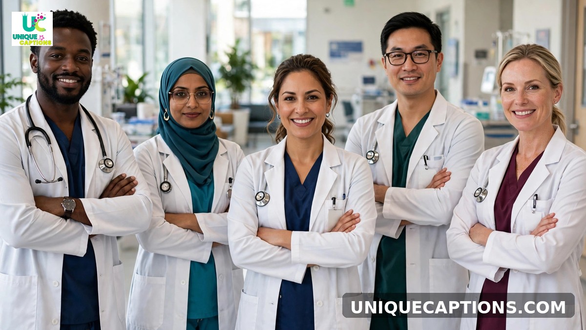 Healthcare heroes captions - diverse medical professionals standing confidently in a hospital