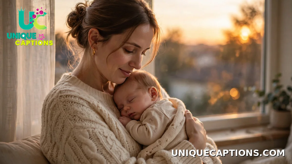 Mother tenderly holding her baby by a sunset window