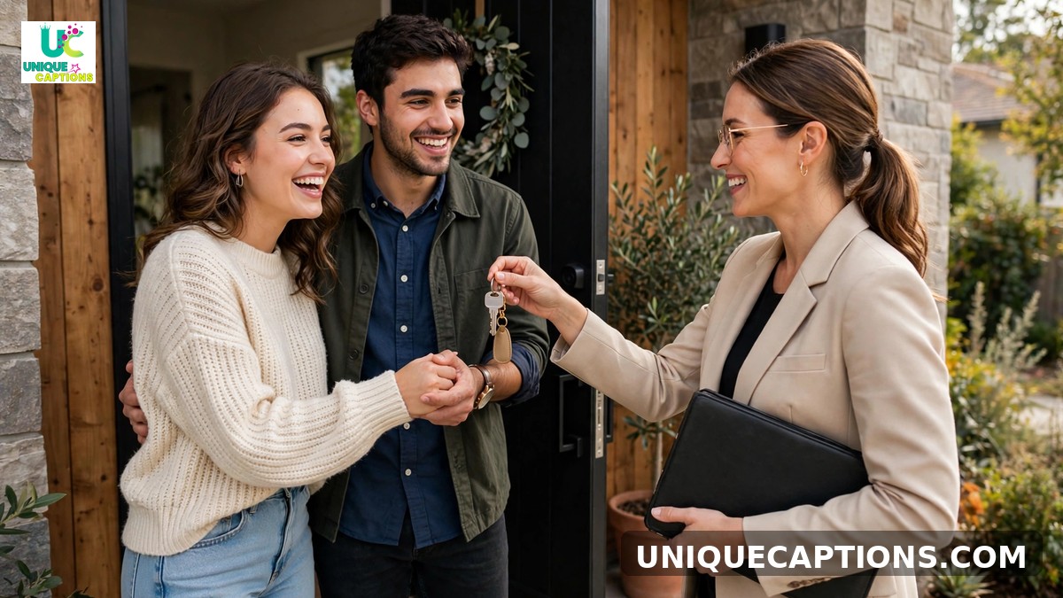 Home buying tips captions for realtors - agent handing house keys to a young couple at their front door