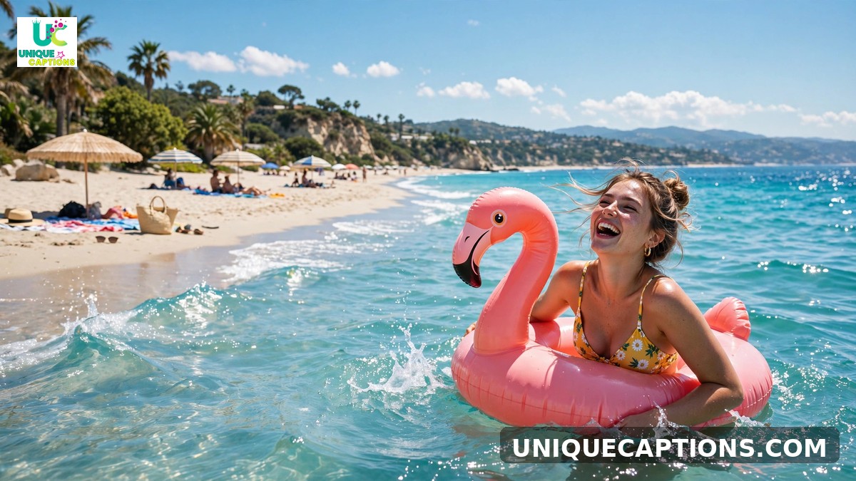 Hot captions for Instagram - laughing woman with flamingo floatie at the beach