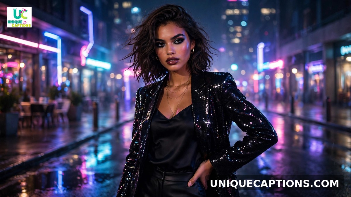 Sassy hot captions for Instagram - glamorous woman in sequin blazer under neon lights at night