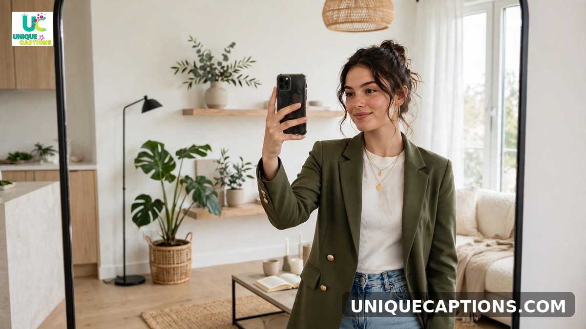 Hot captions for selfies - confident young woman taking a mirror selfie in a stylish outfit