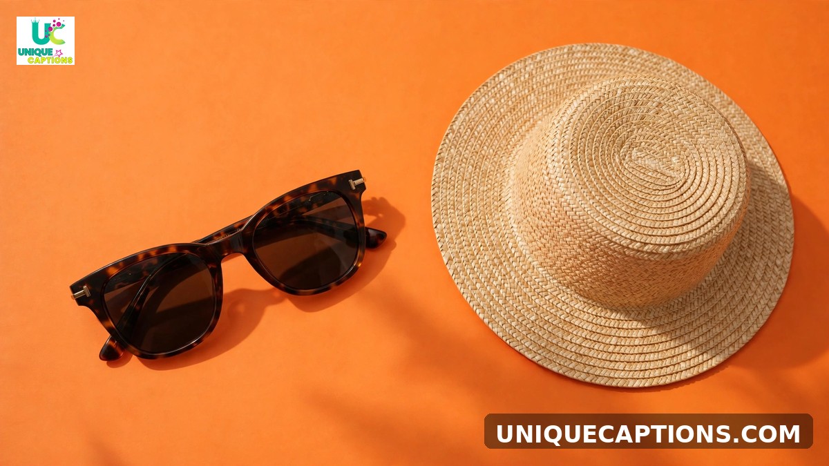 Hot captions for Instagram - sunglasses and straw hat on bright orange background