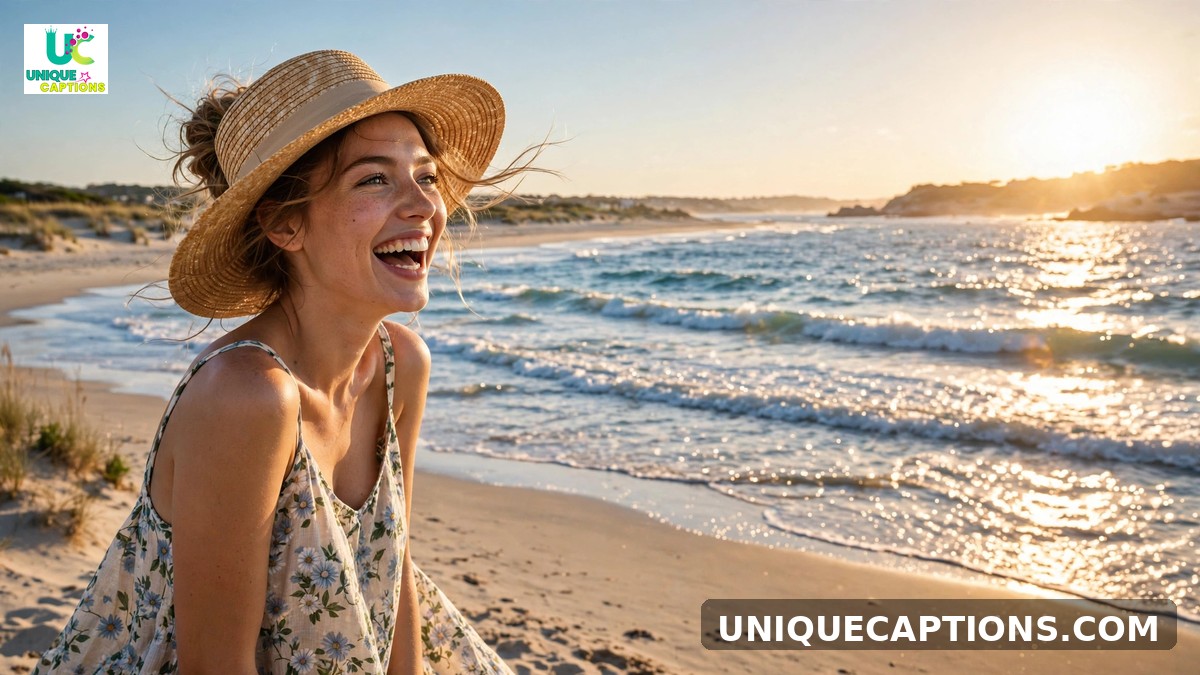 Hot summer captions for Instagram - joyful woman in sun hat on sunny beach at golden hour