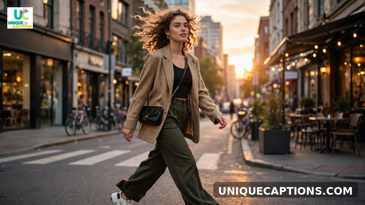 Hot girl captions - confident young woman in a trendy outfit walking in the city at sunset
